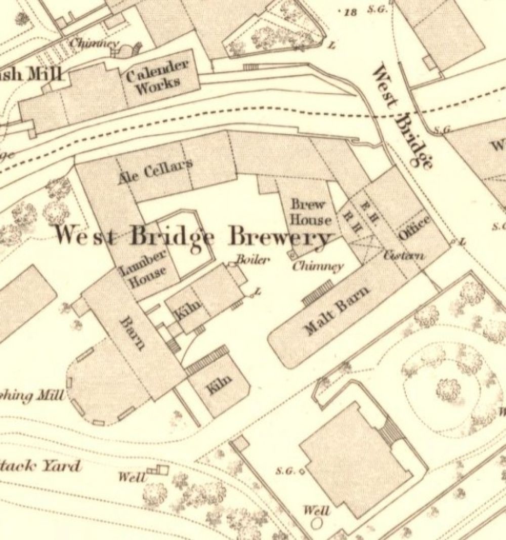 Map of 1854 showing the layout of the West Bridge Brewery. © National Library of Scotland, 2025