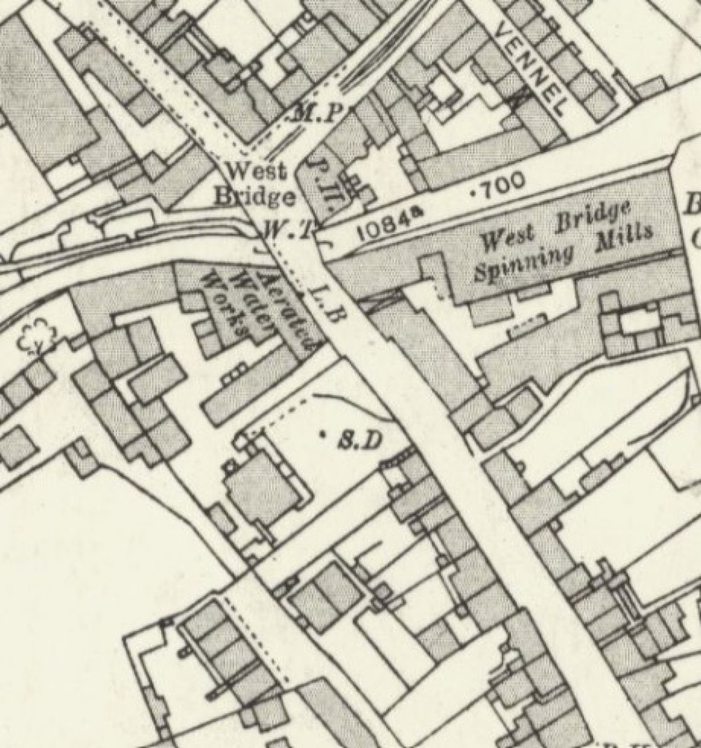 Map of 1913 showing the re-se of the brewery as a aerated water factory.  © National Library of Scotland, 2025