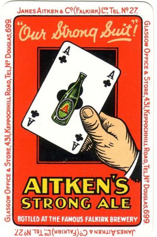 <p>A playing card promoting James Aitken & Co (Falkirk) Ltd's Strong Ale. It was also produced in blue, and formed part of a whist pack.</p>