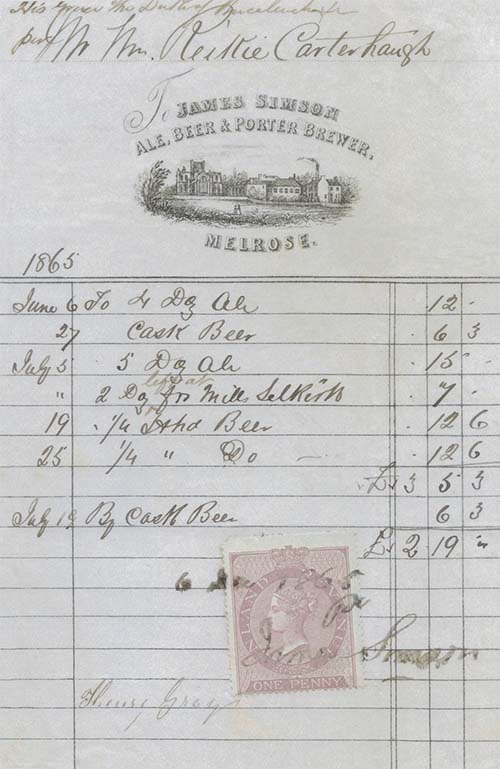 <p>An invoice dated 1865 for beer supplied to the Duke of Buccleuch at Carterhaugh House, through his estate overseer William Reekie. James Simson's signature can be seen near the bottom.</p>