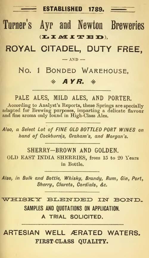 <p>An advertisement for Turner's Ayr & Newton Breweries Ltd, which gives a good idea of the range of beers, wines and spirits that they sold.</p>

<p> </p>